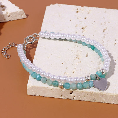 Olivenorma Faceted Stone Pearl Heart Charm Double Layer Bracelet