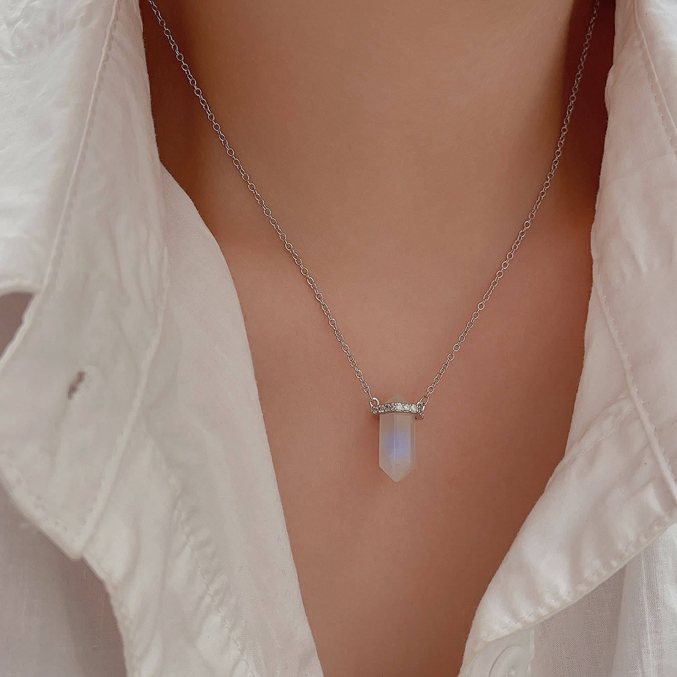 Olivenorma S925 Hexagonal Column Moonstone Crystal Pendant Necklace