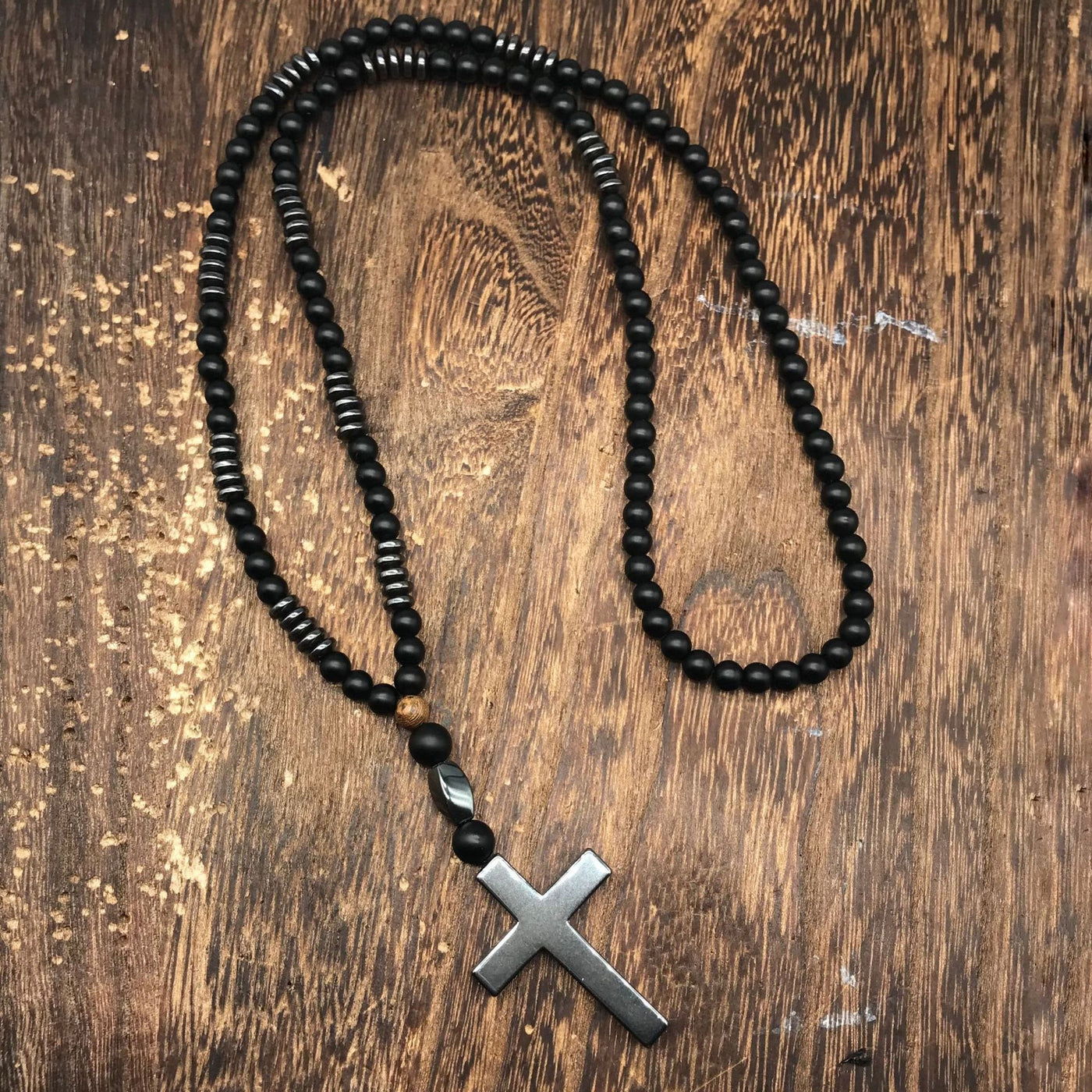 Olivenorma Wood Beads Stone Cross Pendant Rosary Necklace