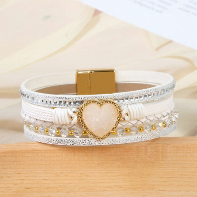 Olivenorma Heart Shape Cluster Multilayer Braided Leather Bracelet