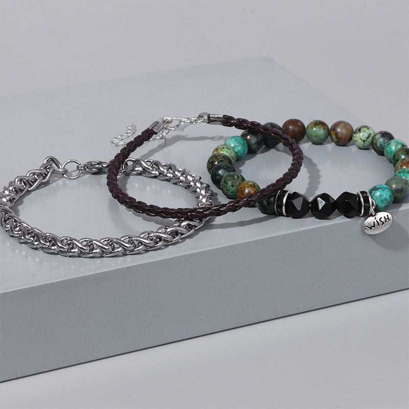 Olivenorma 3pcs Metal Bead Braided Leather Bracelet Set