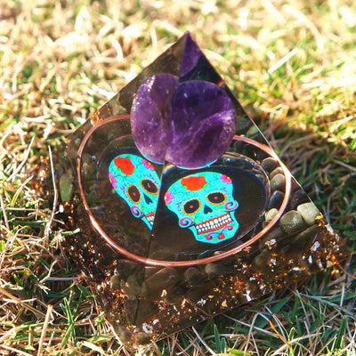 Olivenorma Amethyst&Obsidian Skull Symbol Orgone Pyramid