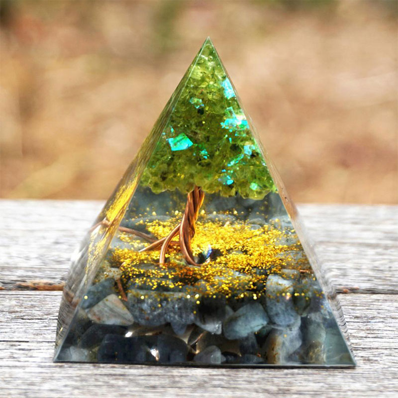 Olivenorma Tree of Life Peridot With Grey Moon Stone Orgone Pyramid