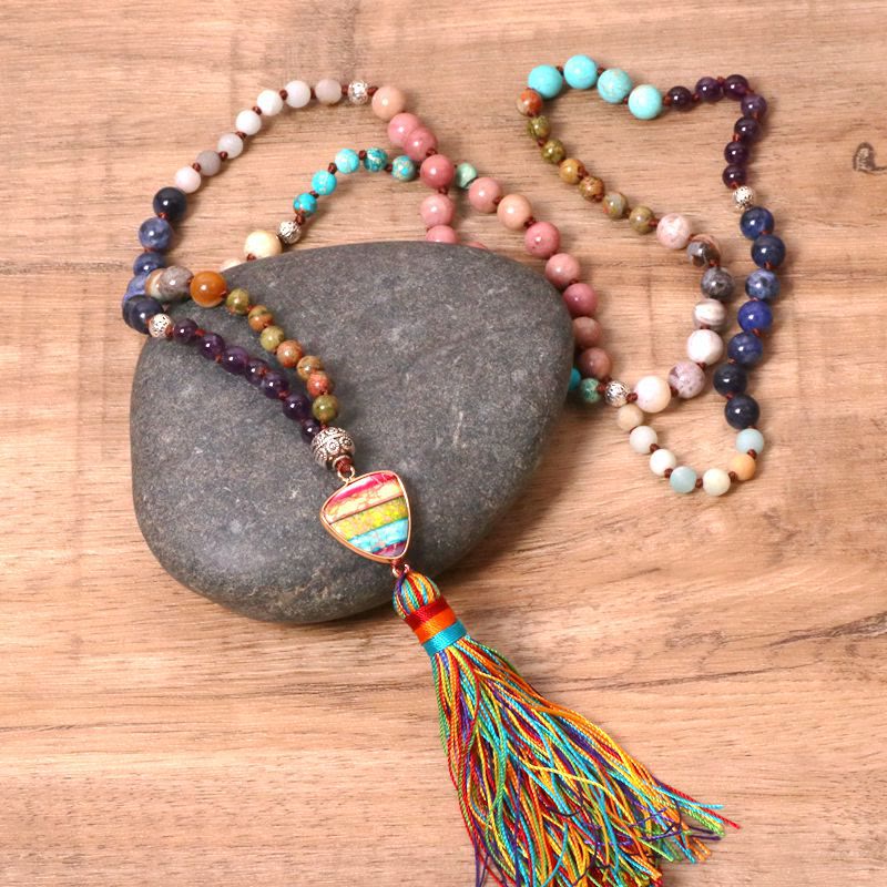 Olivenorma Gorgeous Natural Stones Chakra Triangle Pendant Mala Necklace