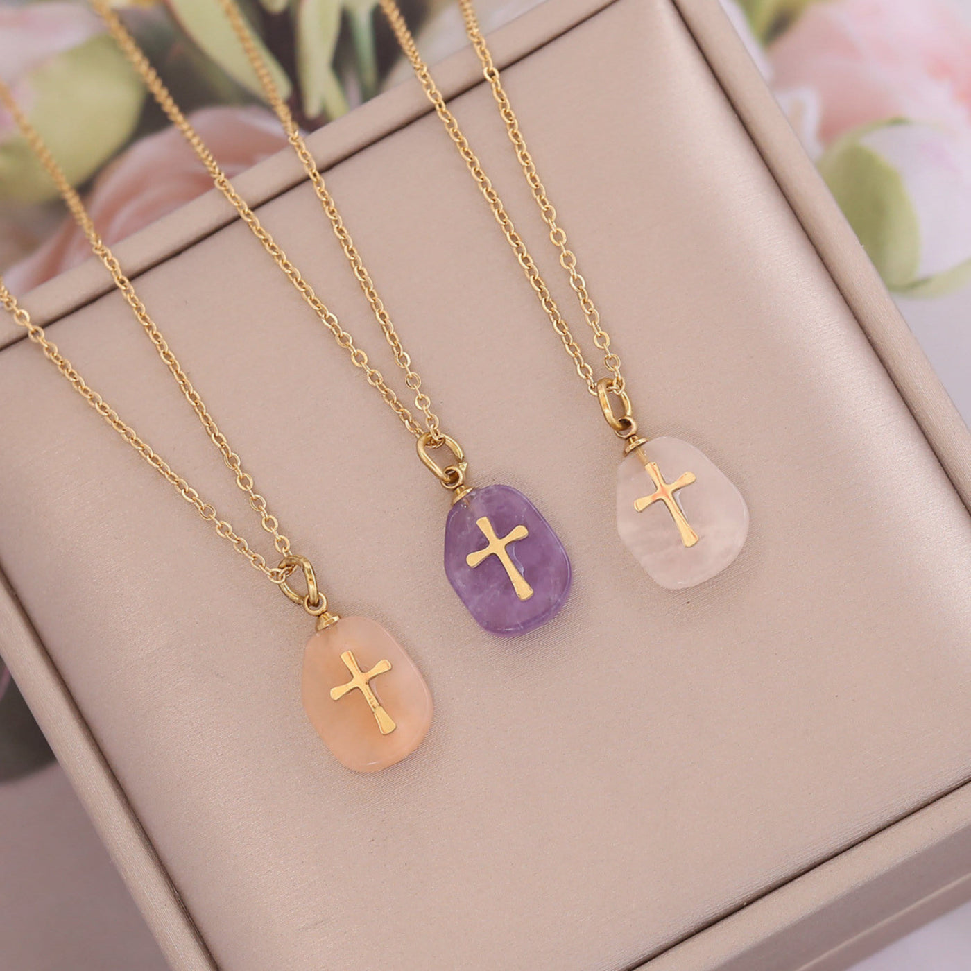 Olivenorma Natural Stone Cross Pendant Necklace