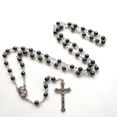 Olivenorma Hematite Holy Medal Cross Pendant Rosary Necklace