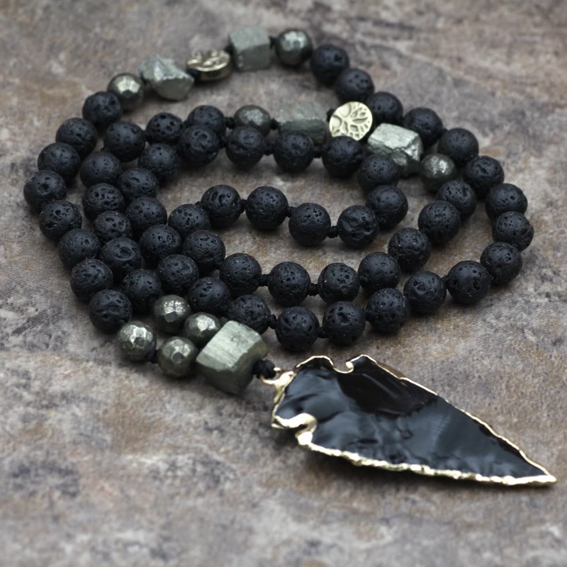 Olivenorma Obsidian Lava Stone Arrow Pendant Mala Necklace