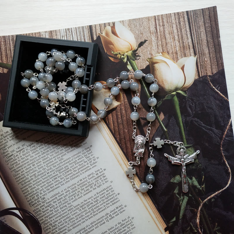 Olivenorma Gray Moonstone Silver Jesus Cross Rosary Necklace