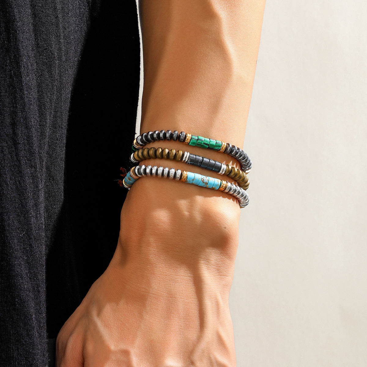 Olivenorma Men Hematite Turquoise Beaded Braided Drawstring Bracelet