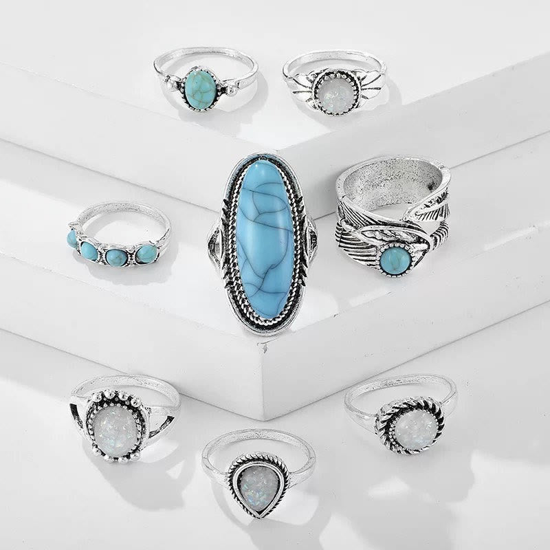 Olivenorma Opal Turquoise Elephant Leaf 8-Piece Ring Set