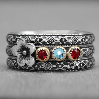 Olivenorma Personalized and Engraved Flower Birthstones Ring