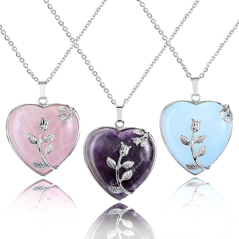 Olivenorma Heart Shaped Rose Gemstone Necklace