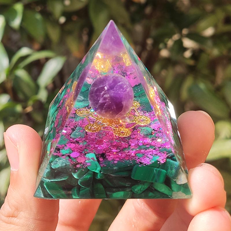 Olivenorma Amethyst Malachite Metatron's Cube Symbol Orgone Pyramid