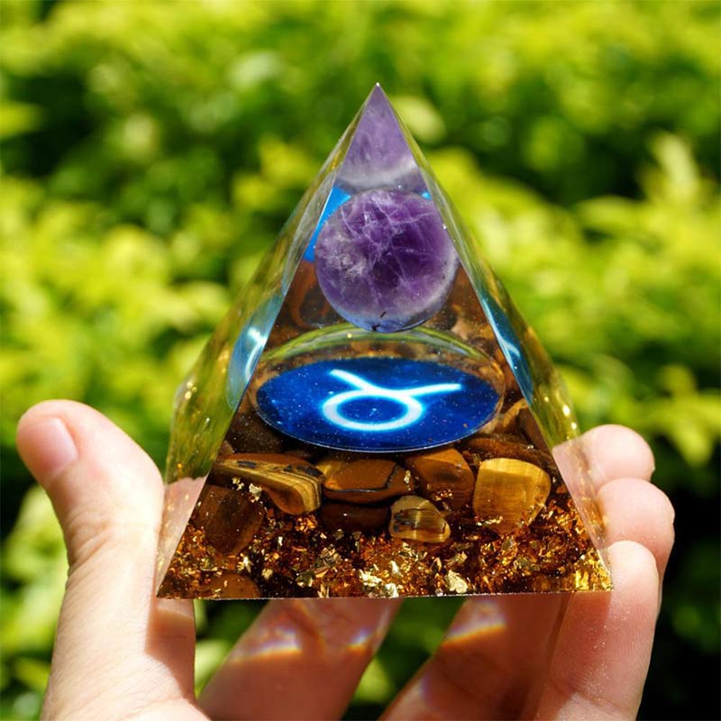 (Clearance 30% OFF / CODE: OFF30) - Olivenorma Amethyst with Tiger Eye Taurus Zodiac Orgone Pyramid