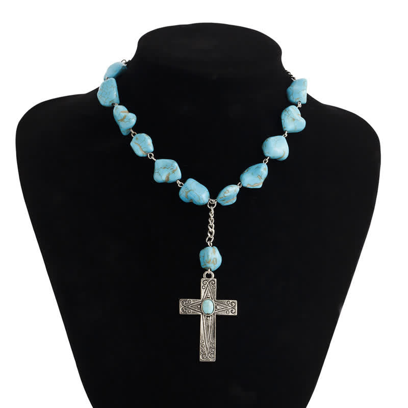 Olivenorma Natural Turquoise Exaggerated Cross Pendant Necklace Set