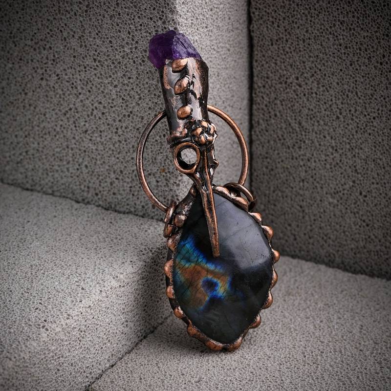 Olivenorma Copper Hummingbird Head Amethyst Labradorite Gemstone Necklace