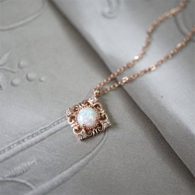 Olivenorma Sterling Silver Vintage Opal Delicate Pattern Necklace  - Rose gold - Opal - image 0