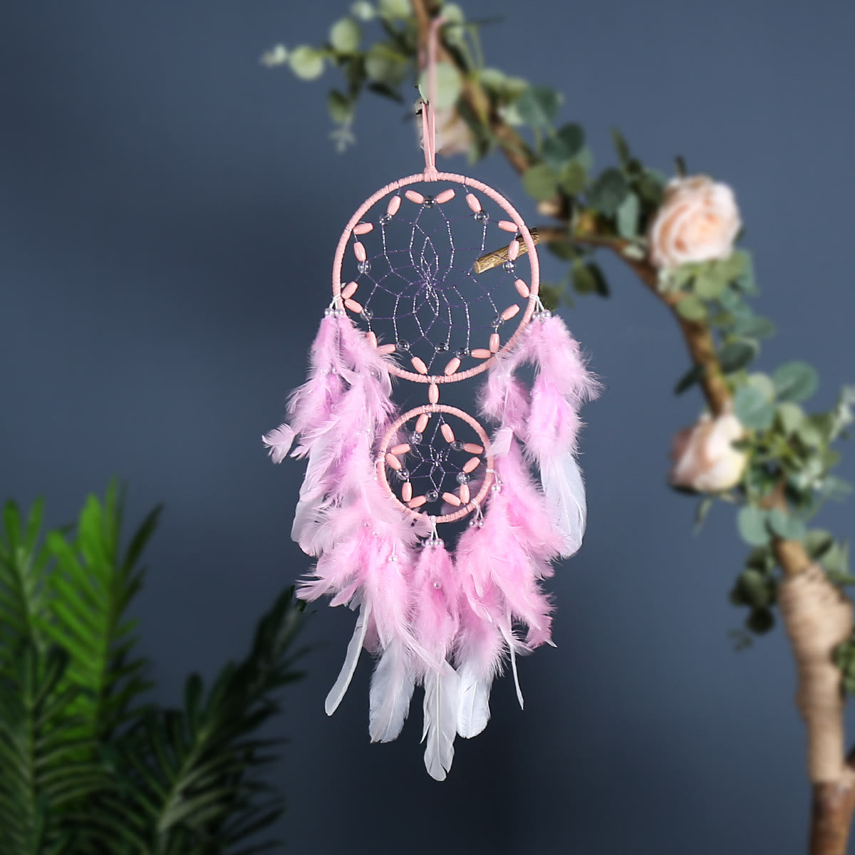 Olivenorma Pink Acrylic Wooden Beads Feather Dream Catcher