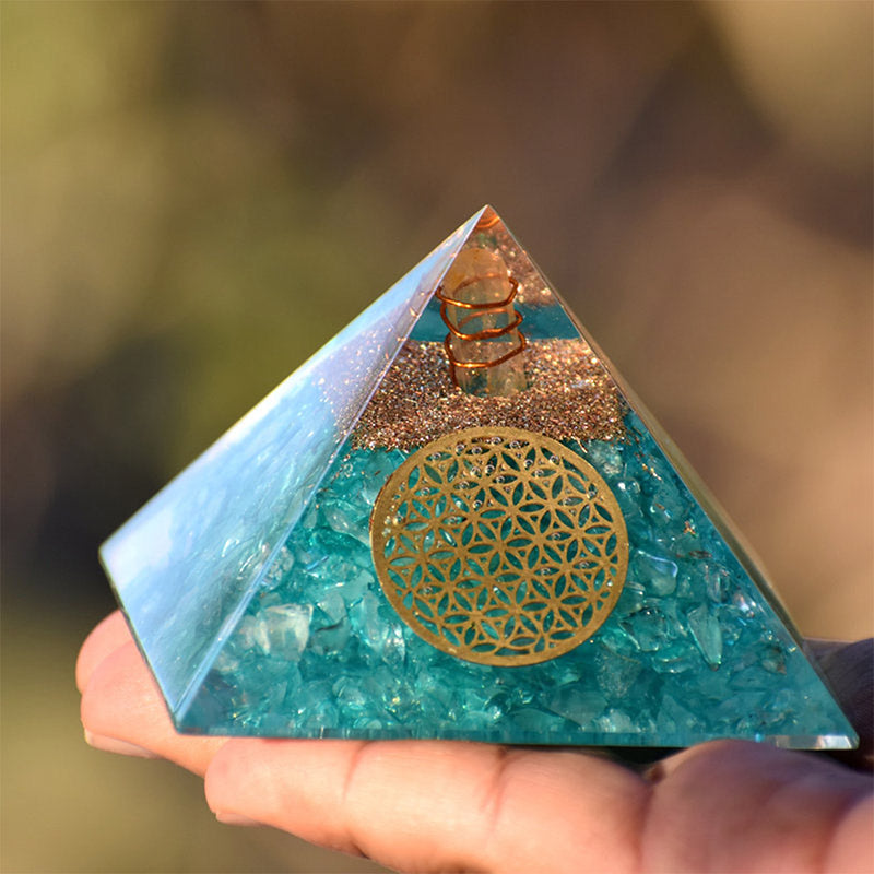 Olivenorma Clear Crystal With Aquamarine Healing  Orgone Pyramid