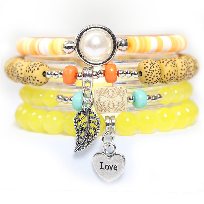 Olivenorma Leaf Heart Charm Beaded Pearl Bracelet Set