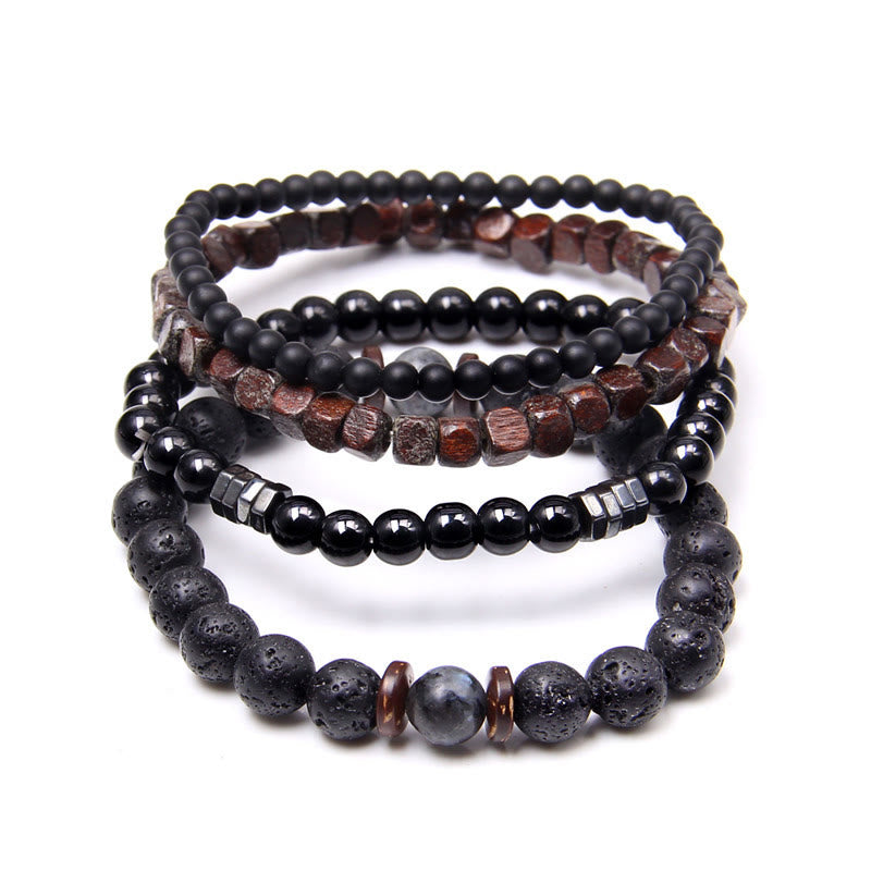 Olivenorma "Strength Of Nature"  Volcanic Stone & Hematite 4 Pieces Set Bracelet