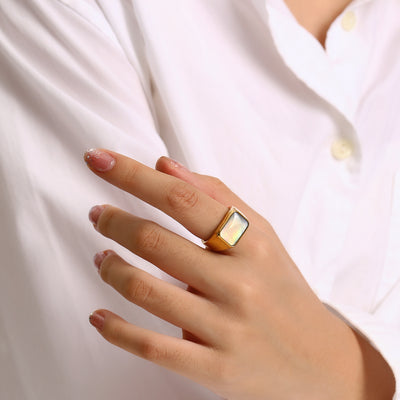 Olivenorma Rectangular Nacre Abalone Shell Titanium Steel Ring