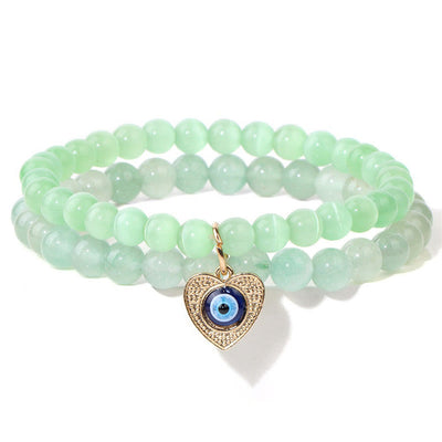 Olivenorma Cat's Eye Stone Evil Eye Pendant Double Layer Bracelet