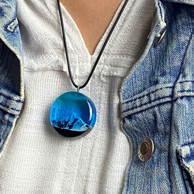 Olivenorma Blue Snow Mountain Resin Round Pendant Necklace