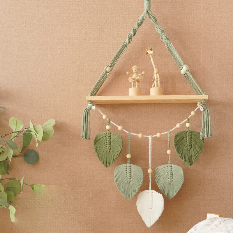 Olivenorma Weave Green Leaves Macrame Wood Shelf Wall Decor