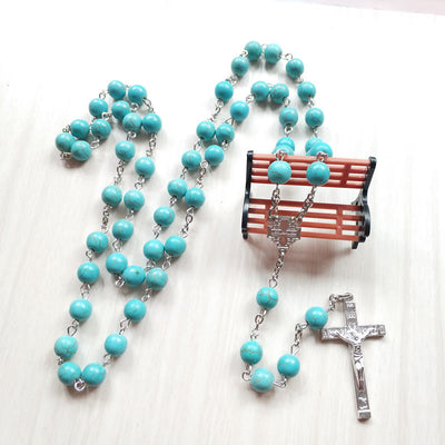 Olivenorma Turquoise Silver Cross Charm Rosary Necklace