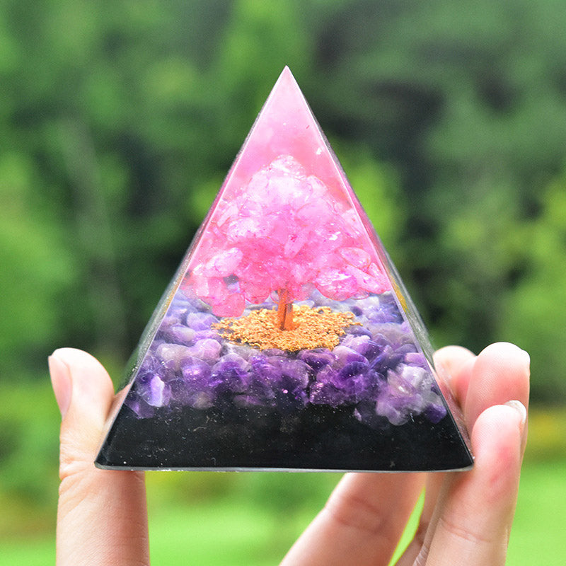 Olivenorma Tree of Life Amethyst Obsidian with Pink Crystal Orgone Pyramid