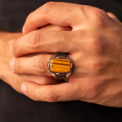 Olivenorma Square Tiger Eye Men's Broad Brim Ring