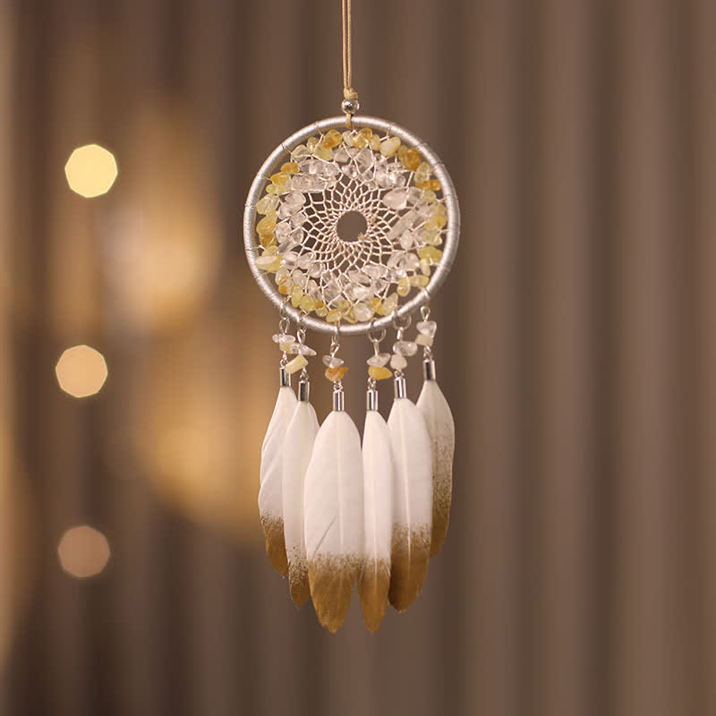 Olivenorma Citrine Clear Crystal Beaded Braided Feather Dream Catcher