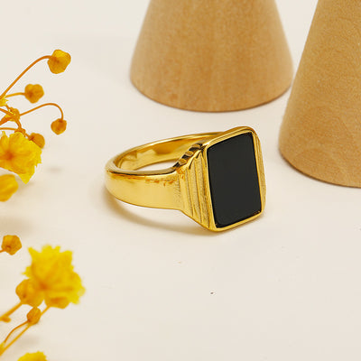 Olivenorma Retro Striped Square Obsidian Titanium Steel Ring