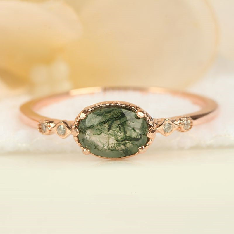 Olivenorma Female Golden Oval Moss Agate Ring