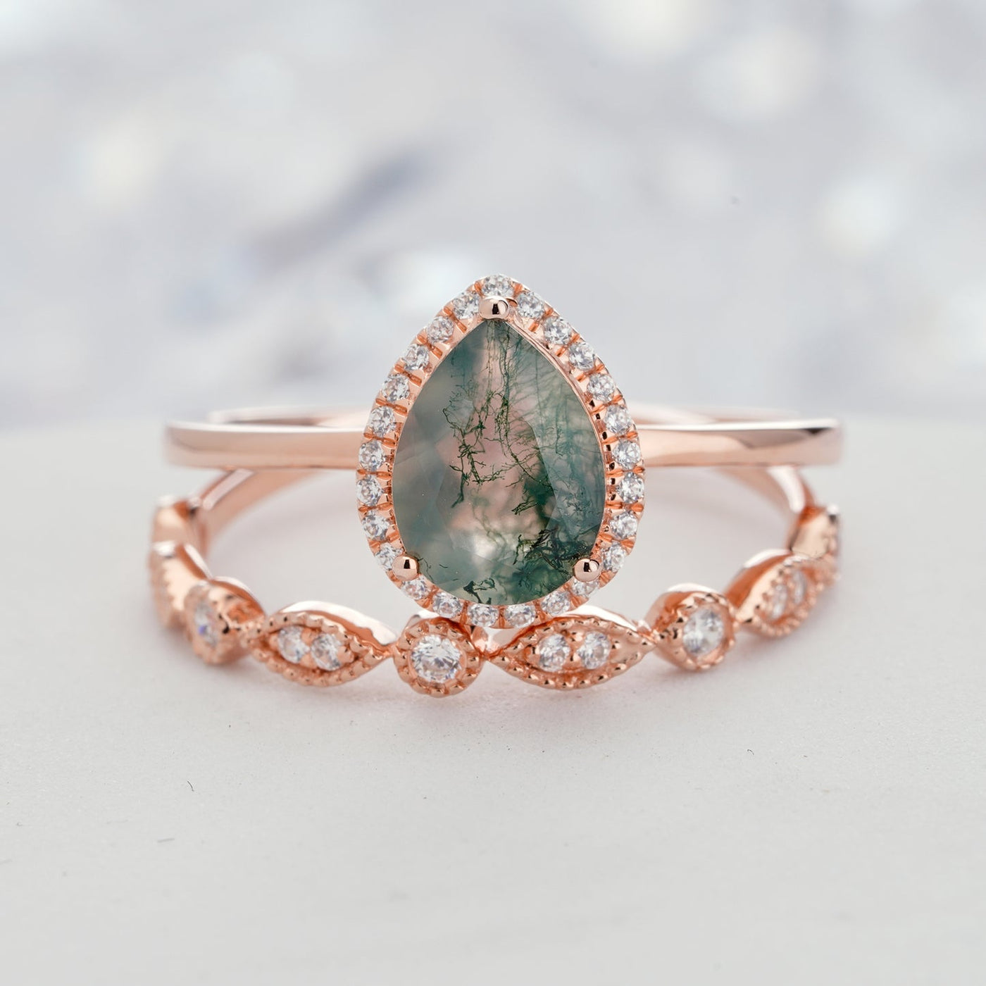 Olivenorma Pear Cut Moss Agate Engagement Ring