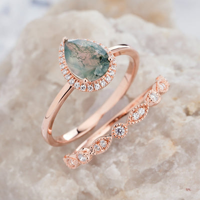 Olivenorma Pear Cut Moss Agate Engagement Ring