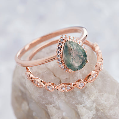 Olivenorma Pear Cut Moss Agate Engagement Ring