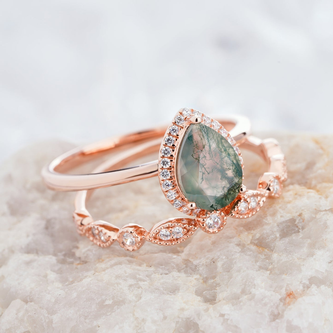 Olivenorma Pear Cut Moss Agate Engagement Ring