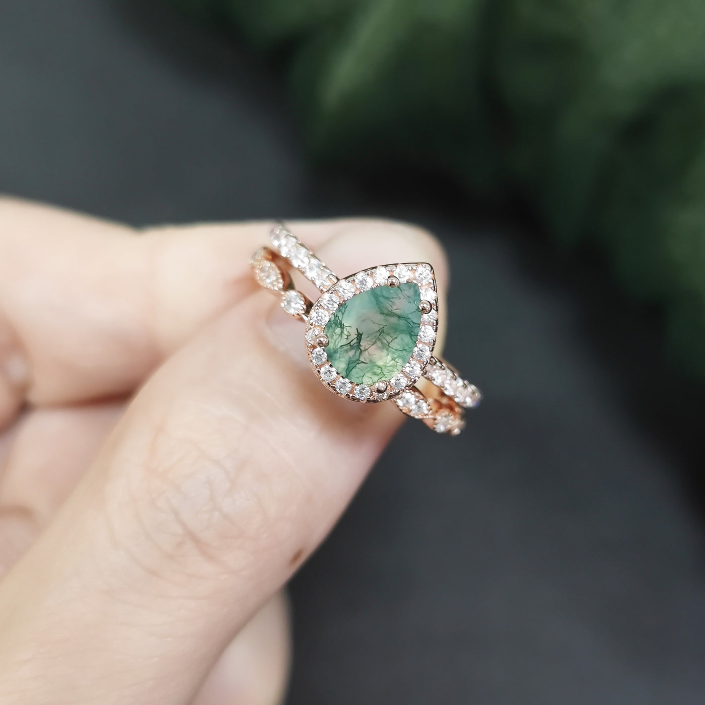 Olivenorma Pear Cut Moss Agate Engagement Ring