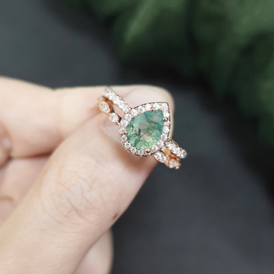Olivenorma Pear Cut Moss Agate Engagement Ring