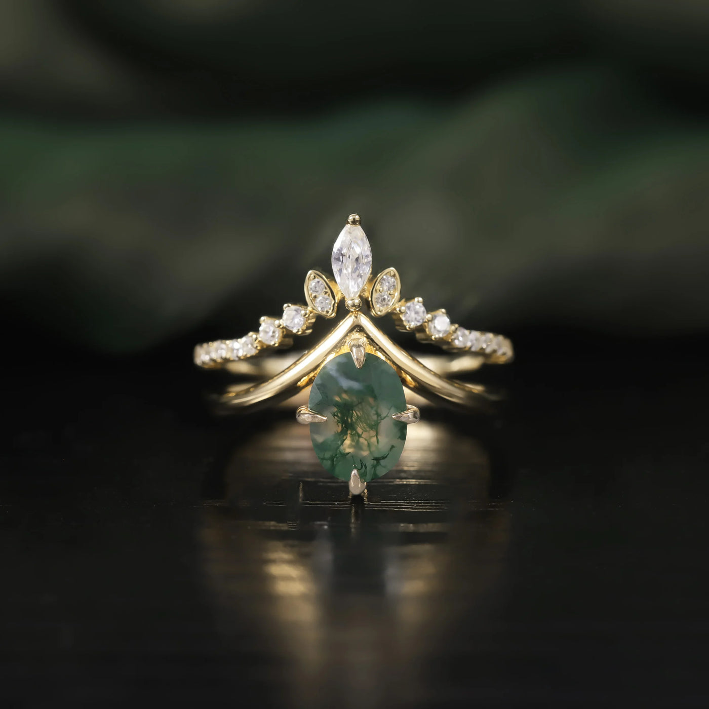 Olivenorma Moss Agate V Shape Engagement Ring Set