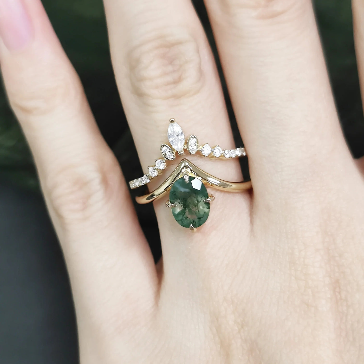 Olivenorma Moss Agate V Shape Engagement Ring Set