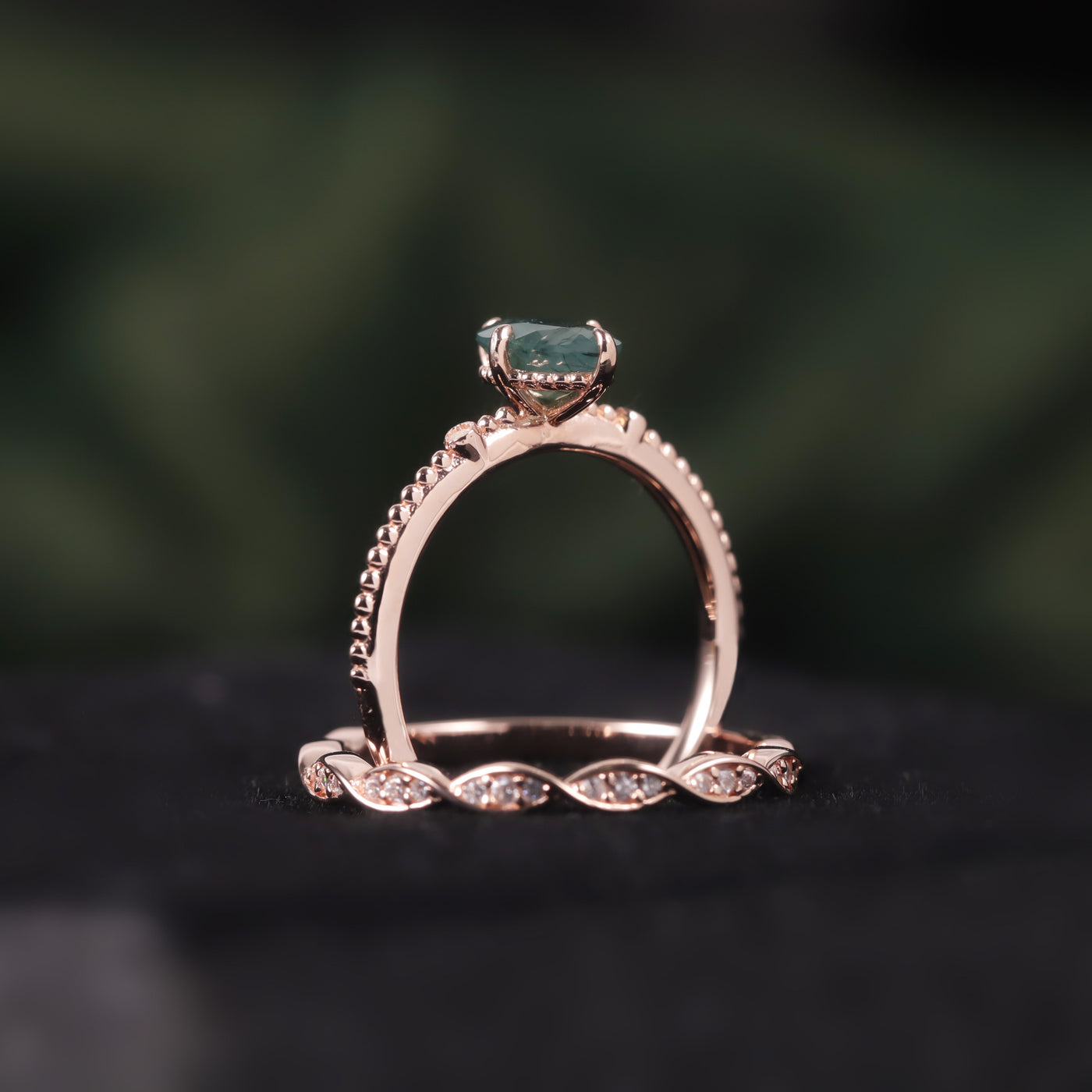 Olivenorma Moss Agate Rose Gold Ring Set