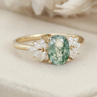 Olivenorma Oval Shaped Moss Agate White Zircon 18K Ring