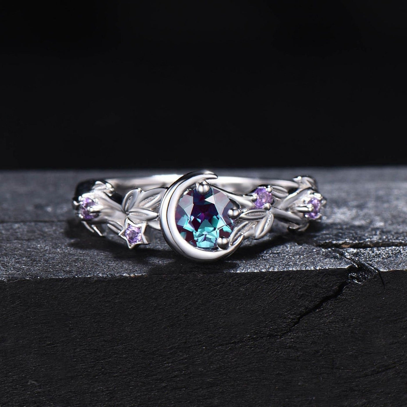 Olivenorma Moon Star Color-Change Alexandrite Branch Leaf Amethyst Engagement Ring - Silver - 10 - image 4