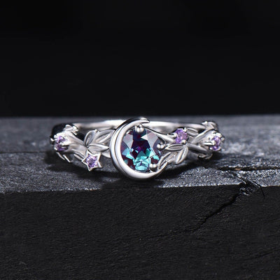 Olivenorma Moon Star Color-Change Alexandrite Branch Leaf Amethyst Engagement Ring