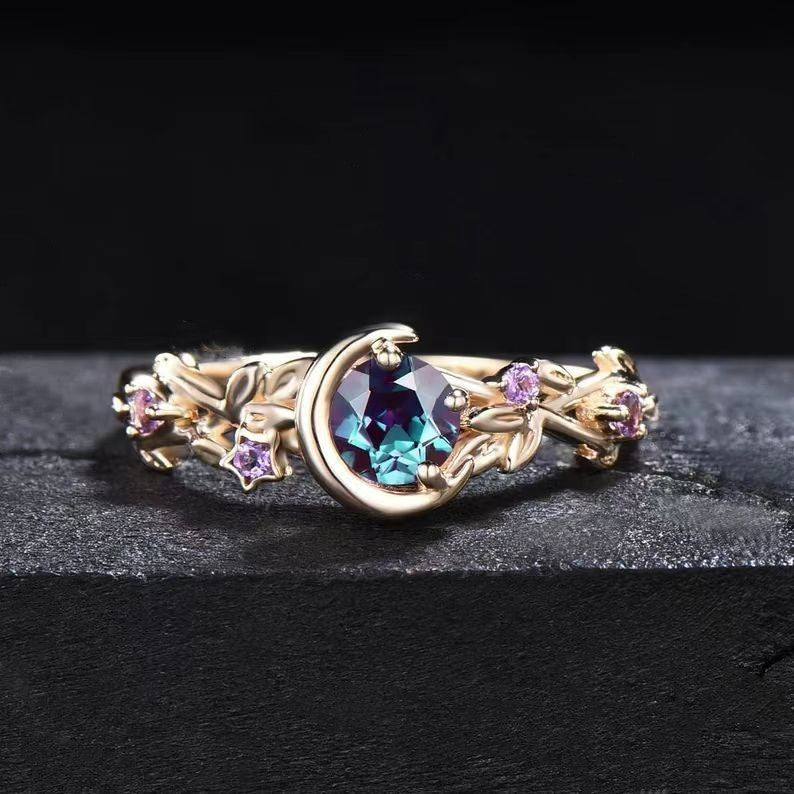 Olivenorma Moon Star Color-Change Alexandrite Branch Leaf Amethyst Engagement Ring