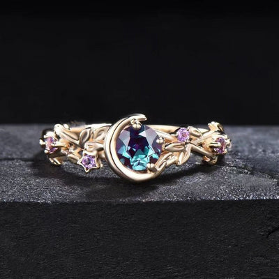 Olivenorma Moon Star Color-Change Alexandrite Branch Leaf Amethyst Engagement Ring