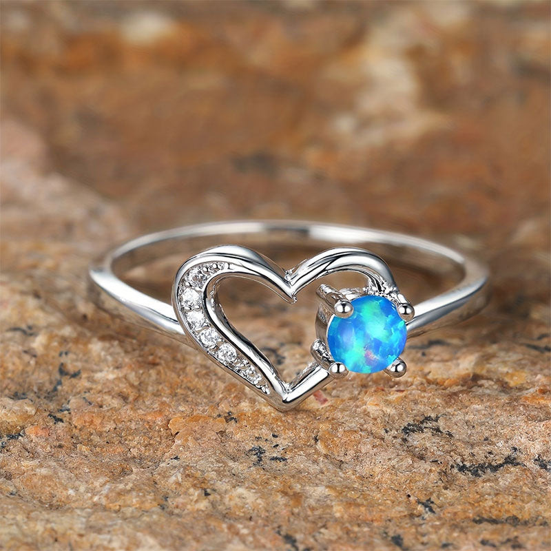 Olivenorma "Deep in Heart" - Simple Circular Opal Hollow Heart Ring